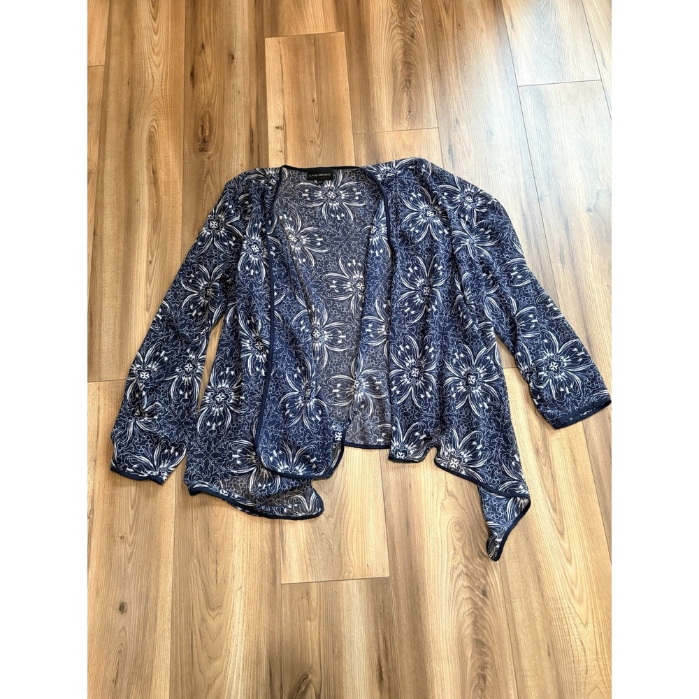Lane Bryant Navy Blue White Floral Open Front Shear Cardigan Kimono Size 14/16